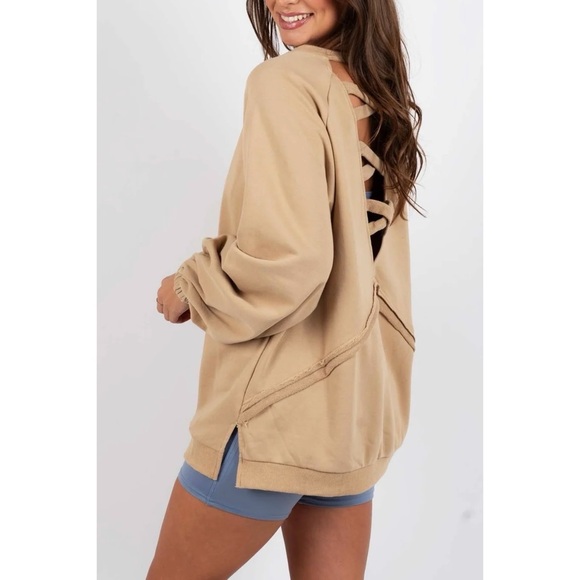 POL Mocha Criss Cross Back Slouchy French Terry Pullover - Picture 10 of 12